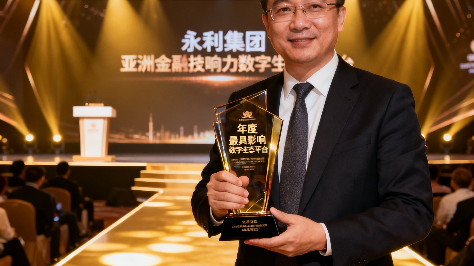 永利集团代表在亚洲金融科技颁奖典礼上接过'年度最具影响力数字生态平台'奖杯，舞台灯光璀璨。