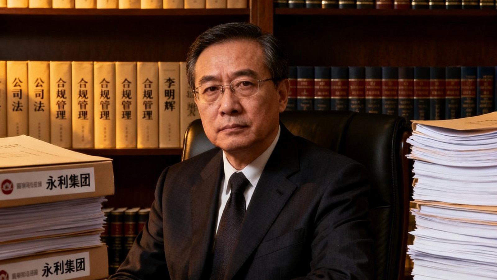 永利集团CCO李明辉先生，沉稳的中年男性形象，背景为法律书籍与合规文件，体现其严谨的职业特质。